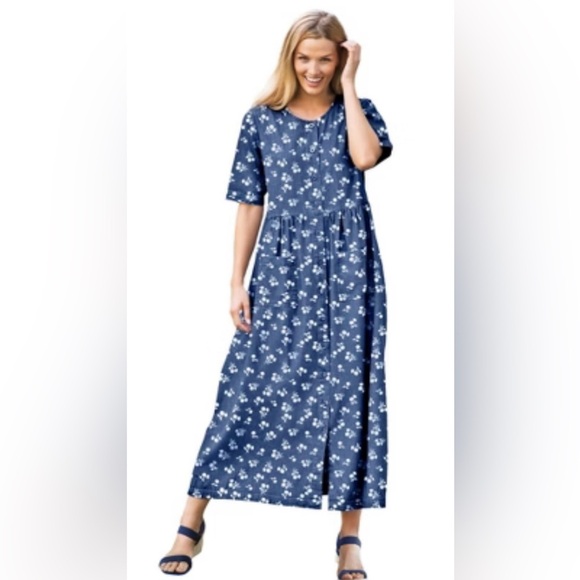Woman Within Floral Short-Sleeve Denim Dress Size:16W Medium Stonewash Modest - Picture 1 of 13